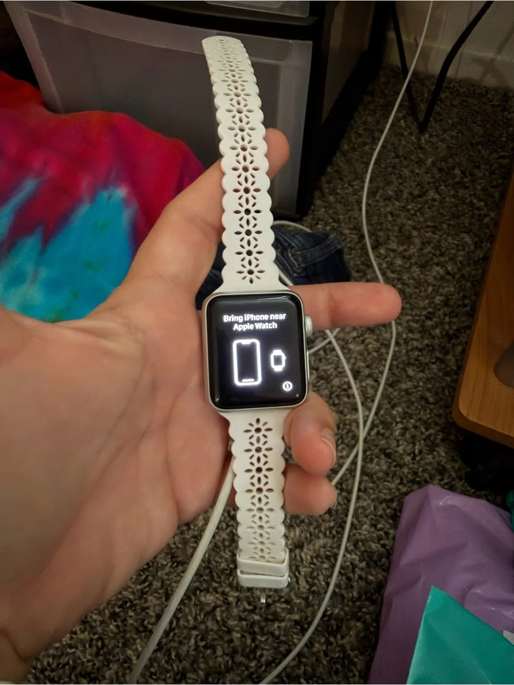 Apple Watch with White Floral-Cut Silicone Band